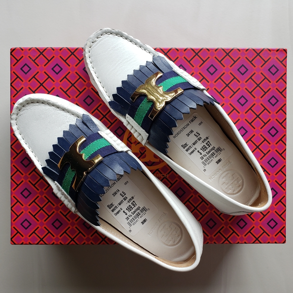 Tory Burch sz5.5 driver loafers (White/Navy Sea)
